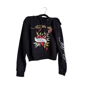 NWT Ed Hardy Graphic Hoodie Black Sword Heart Dagger Long Sleeve Womens Size‎ L